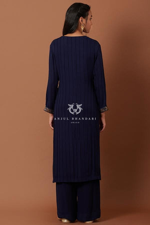 
                  
                    Load image into Gallery viewer, Navy Blue Pleating Straight Suit Set Kurta Set
                  
                