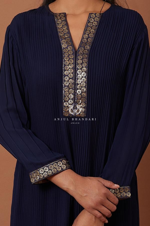 
                  
                    Load image into Gallery viewer, Navy Blue Pleating Straight Suit Set Kurta Set
                  
                