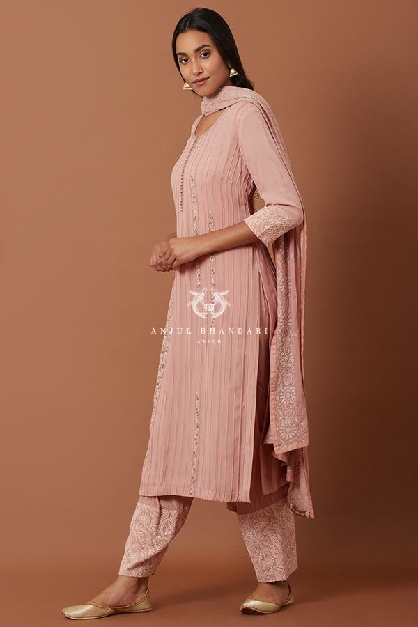 
                  
                    Load image into Gallery viewer, Old Rose Pleating Straight Suit Set Kurta Set
                  
                