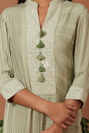 
                  
                    Load image into Gallery viewer, Sage Green Pleating Straight Suit Set Kurta Set
                  
                