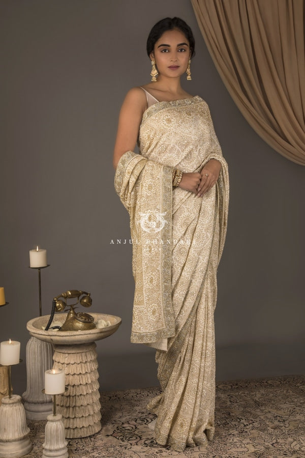 Buy Off White Chickan Georgette Pre-stitched Chikankari Saree With Blouse  For Women by Onaya Online at Aza Fashions.